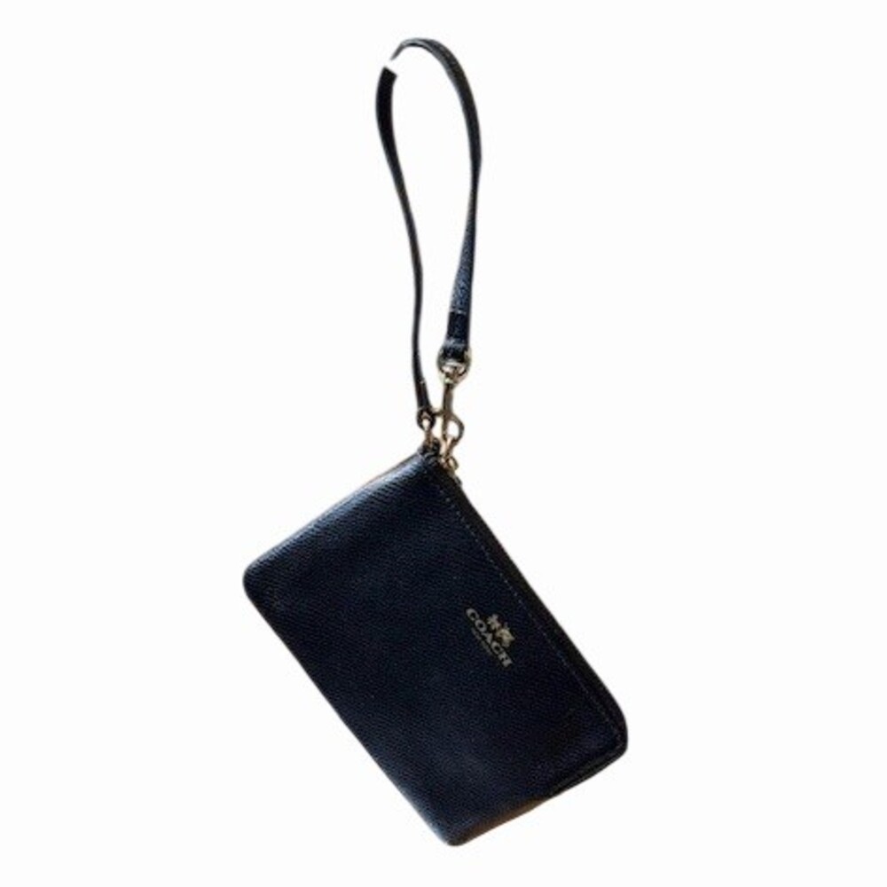 Coach Corner Zip Leather Wristlet Black Zip Gold Hardware